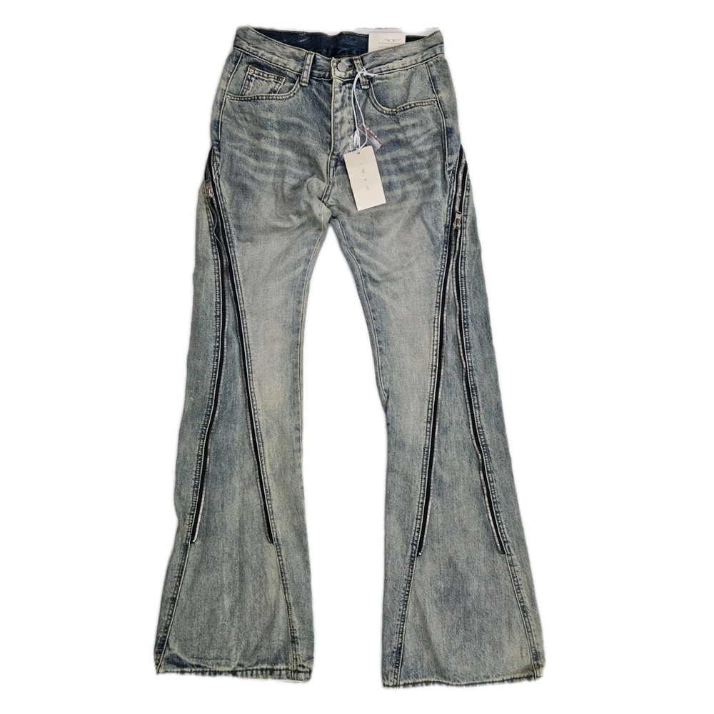 MNML Zipper Flare Denim Jeans Men's Size 28 Light Vintage Wash Streetwear Y2K